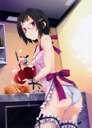 Rule 34 | 10s, 1girl, absurdres, apron, ass, black hair, blue panties, bowl, breasts, cake, cooking, cowboy shot, cream, cream on face, dutch angle, female focus, food, food on face, fruit, glasses, hair ornament, hairclip, heart, heart print, high school dxd, highres, holding, indoors, kitchen, looking at viewer, looking back, mixing bowl, miyama-zero, nearly naked apron, no bra, official art, oven, panties, purple eyes, ribbon, scan, sexually suggestive, short hair, small breasts, solo, sona sitri, standing, suggestive fluid, thigh strap, twisted torso, underwear, whipped cream, whisk, white panties, wrist cuffs, wrist ribbon