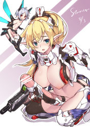 Rule 34 | 1boy, 1girl, animal penis, blonde hair, breasts, censored, erection, futanari, green eyes, gun, highres, horse penis, huge penis, large breasts, looking at viewer, mecha musume, multiple girls, nipples, open mouth, original, penis, personification, pointy ears, red eyes, revealing clothes, solo focus, stmast, thighhighs, trap, weapon, white hair