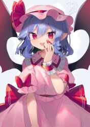 Rule 34 | 1girl, bat wings, black wings, blue hair, blush, buttons, collar, collared shirt, dated, dress, fang, fingernails, frilled collar, frilled sleeves, frills, gunjou row, hair between eyes, hat, hat ribbon, highres, long fingernails, mob cap, nail polish, one-hour drawing challenge, open mouth, pink dress, pink hat, red eyes, red nails, red ribbon, remilia scarlet, ribbon, sharp fingernails, shirt, short hair, short sleeves, signature, slit pupils, smile, solo, touhou, wings, wrist cuffs