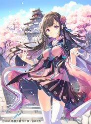 Rule 34 | 1girl, architecture, black bow, black skirt, blue sky, bow, brown hair, castle, day, east asian architecture, flower, h2so4, hair flower, hair ornament, long hair, looking at viewer, official art, outdoors, pleated skirt, purple eyes, sengoku taisen, skirt, sky, smile, solo, stairs, standing, thighhighs, very long hair, watermark, white thighhighs, wide sleeves