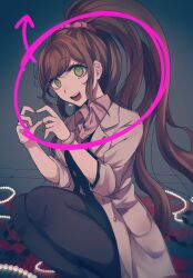 Rule 34 | 1girl, :d, bead necklace, beads, black pantyhose, black skirt, brown hair, collared shirt, danganronpa (series), danganronpa 3 (anime), dress shirt, feet out of frame, hands up, highres, jewelry, lab coat, long sleeves, necklace, open mouth, pantyhose, ponytail, shirt, skirt, smile, solo, teeth, unworn jewelry, unworn necklace, upper teeth only, yukizome chisa, zui nianshao