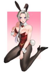 Rule 34 | 1girl, alternate costume, animal ears, blush, bow, bowtie, breasts, cape, cleavage, covered navel, detached collar, edelgard von hresvelg, fake animal ears, fake tail, fire emblem, fire emblem: three houses, fire emblem warriors: three hopes, grey hair, hair ornament, high heels, highres, leotard, long hair, looking at viewer, medium breasts, nintendo, official alternate hairstyle, pantyhose, playboy bunny, purple eyes, rabbit ears, rabbit tail, radiostarkiller, red leotard, simple background, solo, strapless, strapless leotard, tail, white hair, wrist cuffs