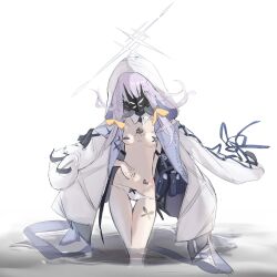 Rule 34 | 1girl, atsuko (blue archive), bandaid, bandaids on nipples, barcode, barcode tattoo, blue archive, bow, breasts, coat, coat on shoulders, contrapposto, covered face, detached collar, female focus, hair bow, highres, hood, hood up, hooded coat, light purple hair, long hair, mask, navel, panties, partially submerged, pasties, shirazuxx, simple background, small breasts, solo, tattoo, thigh gap, topless, underwear, water, white background, white coat, white panties, yellow bow