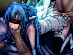 Rule 34 | 1girl, artist request, ass, bed, blindfold, blue hair, cheek bulge, cum, cum in mouth, cum on ass, cum string, elbow gloves, gloves, grabbing another&#039;s chin, group sex, long hair, nymph (sora no otoshimono), penis, sora no otoshimono, thighhighs, twintails, very long hair, wings