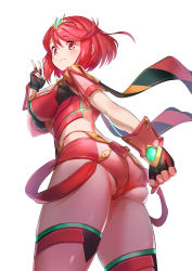 Rule 34 | 1girl, absurdres, ahoge, ass, bare shoulders, blush, breasts, fingerless gloves, from behind, from below, gloves, green322, highres, huge ass, looking at viewer, looking down, nintendo, pyra (xenoblade), red eyes, red hair, red shorts, revision, scarf, shiny clothes, shiny skin, short hair, short shorts, shorts, sideboob, simple background, skindentation, smile, solo, thighhighs, thighs, v, white background, xenoblade chronicles (series), xenoblade chronicles 2