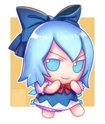 Rule 34 | 1girl, blue bow, blue dress, blue eyes, blue hair, bow, chibi, cirno, commentary, dress, english commentary, fumo (doll), hair bow, highres, ice, ice wings, outline, skullchimes, solo, touhou, v-shaped eyebrows, watermark, wings