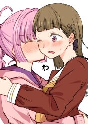 2girls ^_^ ahoge anyoji_hime black_bow blunt_bangs blush bow braid brown_dress brown_hair center-flap_bangs closed_eyes commentary dress hair_bow hair_intakes hasu_no_sora_school_uniform highres hood hooded_jacket jacket kachimachi_kosuzu kiss kissing_cheek link!_like!_love_live! long_hair long_sleeves love_live! multi-tied_hair multiple_girls namazakana_kuenai neckerchief one_eye_closed open_clothes open_jacket open_mouth pink_eyes pink_hair pink_jacket ponytail sailor_collar sailor_dress school_uniform side_ahoge side_braids sidelocks simple_background straight_hair sweatdrop virtual_youtuber white_background white_sailor_collar winter_uniform yellow_neckerchief yuri