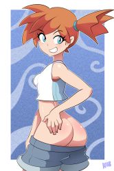 Rule 34 | 1girl, artist name, ass, bare shoulders, bigdead, blouse, blue background, blue eyes, blue shorts, blush, border, breasts, clothes pull, cowboy shot, creatures (company), crop top, dated, female focus, from behind, game freak, hair tie, hand on own hip, happy, highres, looking back, looking to the side, misty (pokemon), mooning, nintendo, orange hair, outside border, partially visible vulva, pokemon, pokemon lgpe, pussy, pussy peek, shiny skin, shirt, short hair, short shorts, shorts, shorts pull, side ponytail, simple background, sleeveless, sleeveless shirt, small breasts, smile, solo, standing, teeth, two-tone background, uncensored, watermark, white border, white shirt