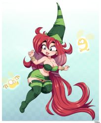 Rule 34 | 1girl, absurdres, bare shoulders, betilla, boots, bracelet, breasts, curvy, earrings, full body, green thighhighs, hat, highres, jewelry, large breasts, lips, long hair, midriff, miniskirt, navel, parted lips, rayman, red hair, simmsy, skirt, strapless, thick thighs, thigh boots, thighhighs, thighs, tube top, very long hair