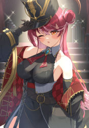 Rule 34 | 1girl, ;p, ascot, bare shoulders, belt, blush, bowsan, breasts, brooch, brown belt, cleavage, coat, colored inner hair, commentary, covered navel, glint, gold trim, hair bun, hand on headwear, hat, highres, hololive, houshou marine, houshou marine (marching band), jewelry, large breasts, long hair, multicolored hair, off shoulder, official alternate costume, one eye closed, orange eyes, pink hair, red eyes, see-through, see-through cleavage, shako cap, solo, stairs, tassel, tongue, tongue out, two-sided coat, two-sided fabric, two-tone hair, virtual youtuber