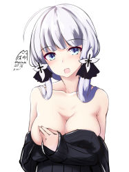 Rule 34 | 1girl, ahoge, azur lane, bare shoulders, black sweater, blue eyes, blush, breasts, collarbone, commentary request, covering privates, covering breasts, dated, flower, hair flower, hair ornament, illustrious (azur lane), large breasts, long sleeves, looking at viewer, low twintails, meme attire, nekobaka, no bra, off shoulder, simple background, solo, sweater, twintails, twitter username, upper body, virgin killer sweater, white background, white hair