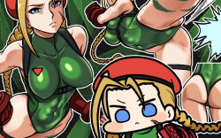 Rule 34 | 1girl, ass, bare shoulders, beret, blonde hair, blue eyes, blush stickers, bodypaint, braid, breasts, cammy white, chibi, covered navel, gloves, groin, hat, jazz jack, large breasts, leotard, multiple views, red gloves, scar, scar on face, street fighter, street fighter v, twin braids