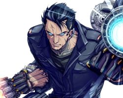Rule 34 | 1boy, autobot, black hair, black shirt, blue eyes, cannon, clenched teeth, forrd0101, gloves, grin, helmet, highres, holding, holding helmet, humanization, ironhide, looking at another, looking at viewer, machinery, male focus, mecha, open mouth, personification, robot, shirt, short hair, simple background, smile, solo, teeth, transformers, upper body, weapon, white background