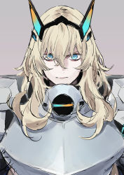 Rule 34 | 1girl, armor, blonde hair, blue eyes, breastplate, brown background, barghest (fate), barghest (first ascension) (fate), fate/grand order, fate (series), grey background, hair between eyes, highres, long hair, pauldrons, serious, shoulder armor, simple background, solo, takuan (takuanlunch), wavy hair