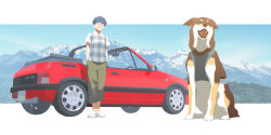 Rule 34 | 1girl, animal, black hair, capri pants, car, closed eyes, collared shirt, dog, forest, full body, green pants, hands in pockets, harness, motor vehicle, mountain, mountainous horizon, nature, oomiya io, open mouth, original, outdoors, pants, shirt, shoes, short hair, short sleeves, sky, smile, solo, standing, sweater vest, tree, white footwear, white shirt