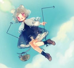 Rule 34 | 1girl, animal ears, basket, black dress, black socks, bloomers, blue capelet, blush, bright pupils, brown footwear, capelet, cloud, day, dowsing rod, dress, flying, full body, grey hair, holding, lens flare, long sleeves, looking at viewer, mouse (animal), mouse ears, mouse tail, nazrin, open mouth, outdoors, red eyes, shirt, shoes, short hair, socks, solo, tail, teeth, touhou, underwear, upper teeth only, white shirt, yujup