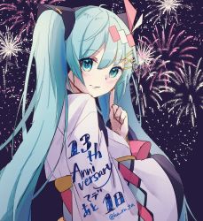 Rule 34 | 1girl, aerial fireworks, anniversary, blush, closed mouth, fireworks, green eyes, green hair, hair between eyes, hair ornament, hairclip, hand up, haruta (user dndp3458), hatsune miku, highres, japanese clothes, kimono, long hair, long sleeves, magical mirai miku, magical mirai miku (2020 summer), night, night sky, outdoors, sky, smile, solo, twintails, upper body, very long hair, vocaloid, white kimono, wide sleeves, x hair ornament