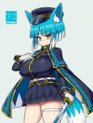 Rule 34 | animal ear fluff, animal ears, asagi (bombergirl), belt, blue hair, blunt bangs, bombergirl, breasts, brown eyes, cloak, gloves, hat, highres, holding, holding sword, holding weapon, large breasts, miniskirt, multicolored hair, pleated skirt, sawati, skirt, solo, sword, tail, thigh strap, two-tone hair, uniform, weapon, white belt, white gloves, white hair, wolf ears, wolf girl, wolf tail