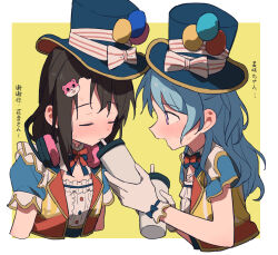 Rule 34 | 2girls, bang dream!, bear hair ornament, blue hair, blue headphones, blue headwear, blush, border, bow, brown hair, closed eyes, coldcat., cropped arms, cropped torso, cup, dot nose, drinking, feeding, flat chest, flat color, gloves, hair ornament, hat, hat bow, headphones, headphones around neck, holding, holding cup, idol clothes, jacket, long hair, matsubara kanon, multiple girls, nose blush, okusawa misaki, open clothes, open jacket, open mouth, puffy short sleeves, puffy sleeves, purple eyes, raised eyebrows, red jacket, shirt, short sleeves, sidelocks, striped, striped bow, sweat, top hat, translation request, white border, white bow, white gloves, white shirt, yellow background, yuri