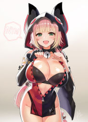 Rule 34 | 1girl, :d, bad id, bad pixiv id, bare shoulders, bell, black bra, black jacket, blonde hair, blush, bottomless, bra, breasts, chii aruel, choker, cleavage, collarbone, commentary, cowboy shot, fang, fingerless gloves, gloves, gradient background, green eyes, groin, hands up, hood, hooded jacket, jacket, jingle bell, large breasts, long hair, looking at viewer, low-tied long hair, open mouth, partially unzipped, paw pose, signature, single glove, single handcuff, smile, solo, soulworker, speech bubble, standing, taesi, underwear, very long hair, zipper, zipper pull tab