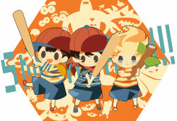 Rule 34 | 3girls, backpack, bag, bandana, bandana around neck, black eyes, black hair, blonde hair, blue shorts, blush stickers, brown bag, clayman (mother 3), closed mouth, expressionless, frown, full body, happy, hitofutarai, holding, holding stick, lucas (mother 3), male focus, mother (game), mother 1, mother 2, mother 3, multiple girls, ness (mother 2), ninten, nintendo, pac-man eyes, red bandana, shirt, shorts, solid oval eyes, sound effects, spiteful crow, standing, starman (mother), stick, striped clothes, striped shirt, ultimate chimera