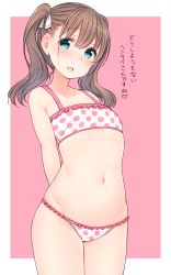 Rule 34 | 1girl, :d, aqua eyes, arms behind back, bare shoulders, blush, border, bra, brown hair, collarbone, cowboy shot, flat chest, frilled bra, frilled panties, frills, groin, hair ribbon, heart, legs together, long hair, looking at viewer, navel, nekoume, open mouth, original, outside border, panties, pink background, polka dot, polka dot bra, polka dot panties, raised eyebrows, ribbon, simple background, smile, solo, standing, stomach, tareme, translated, twintails, underwear, underwear only, white border, white ribbon