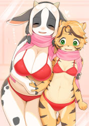 2girls, 848siba, animal ears, arm around shoulder, bikini, blonde hair, blush, breasts, cleavage, cow ears, cow horns, eyes closed, female focus, furry, green eyes, hand holding, highres, horns, large breasts, leaning to the side, multicolored hair, multiple girls, navel, original, pink scarf, plump, red bikini, scarf, short hair, small breasts, swimsuit, tail, tiger ears, tiger tail, white fur, white hair, yellow fur, yuri
