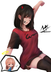 Rule 34 | 1girl, arm up, arms behind back, artist name, black hair, black shorts, black thighhighs, blue dress, blue eyes, blush stickers, chibi, chibi inset, demon horns, dress, eighth note, facepaint, hair between eyes, halo, highres, holding, holding paintbrush, horns, light brown hair, looking at viewer, musical note, o3o, one eye closed, open mouth, original, paintbrush, red eyes, red skirt, shimmer, shirt, short shorts, short sleeves, shorts, simple background, skirt, sleeveless, sleeveless dress, solo focus, stretching, teeth, thighhighs, upper teeth only, whistling, white background, white shirt, zettai ryouiki
