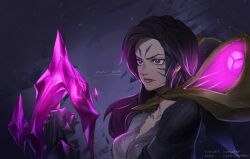 Rule 34 | 1girl, artist name, black bodysuit, black gloves, black hair, bodysuit, breasts, character name, cleavage, clenched hand, closed mouth, collarbone, facial mark, gloves, glowing, grey background, grey bodysuit, hand up, highres, kai&#039;sa, large breasts, league of legends, long hair, multicolored background, purple eyes, purple hair, solo, upper body, weapon, wosashimi