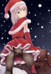 Rule 34 | 10s, 1girl, alternate eye color, ass, bad id, bad pixiv id, black pantyhose, blush, boots, cameltoe, christmas, dress, from below, girls und panzer, green eyes, grey hair, hat, high heel boots, high heels, highres, itsumi erika, looking at viewer, looking back, night, night sky, nksk, no panties, pantyhose, pussy, red hat, sack, santa costume, santa hat, short hair, sky, snow, solo, standing, standing on one leg, upskirt, winter