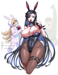 Rule 34 | 1boy, 2girls, absurdres, animal costume, animal ears, belt, black gloves, black hair, blonde hair, blush, breasts, chest belt, cleavage, commander (nikke), fake animal ears, fingerless gloves, gloves, goddess of victory: nikke, guillotine (nikke), hair ornament, highres, large breasts, leotard, lifting person, lock, long hair, looking at viewer, maiden (nikke), malachite 27346, mask, mask pull, mouth mask, multiple girls, padlock, padlocked collar, pantyhose, parted bangs, parted lips, playboy bunny, rabbit costume, rabbit ears, saliva, sidelocks, simple background, standing, teeth, tongue, tongue out, upper teeth only, white background