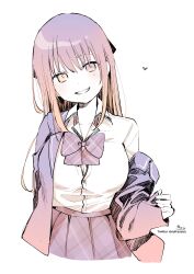 Rule 34 | 1girl, absurdres, blush, bow, breasts, brown eyes, brown hair, collarbone, collared shirt, commentary request, dress shirt, gradient hair, grin, hair between eyes, heart, heterochromia, highres, hololive, houshou marine, jacket, long hair, long sleeves, looking at viewer, medium breasts, multicolored hair, off shoulder, open clothes, open jacket, pleated skirt, purple bow, purple eyes, purple hair, purple jacket, purple skirt, shirt, signature, simple background, skirt, sleeves past wrists, smile, sofra, solo, twitter username, very long hair, virtual youtuber, white background, white shirt
