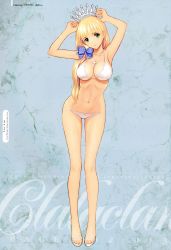 Rule 34 | 1girl, absurdres, adjusting clothes, adjusting headwear, armpits, arms up, bikini, blonde hair, bow, breasts, clalaclan philias, cleavage, cross, cross necklace, crown, feet, green eyes, hair bow, hat, highres, jewelry, large breasts, leaning forward, legs, long hair, long legs, necklace, official art, scan, shining (series), shining wind, swimsuit, toes, tony taka, white bikini
