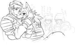 Rule 34 | :&lt;, animal ears, animal hands, bandages, blush, fox, furry, gloves, heart, helmet, hug, interspecies, military, monochrome, nezunezu, open mouth, saliva, simple background, sketch, soldier, tail, text focus, translated, white background