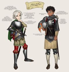 Rule 34 | 2boys, armor, bag, bags under eyes, black hair, blue eyes, breastplate, carrying, carrying bag, chainmail, cloak, closed mouth, commentary, dark-skinned male, dark elf, dark skin, dungeon meshi, elf, english commentary, english text, fingernails, full body, gauntlets, gloves, greaves, green cloak, hair around ear, helmet, highres, holding, holding helmet, kabru, korean commentary, korean text, long sleeves, looking at another, mithrun, mixed-language commentary, multiple boys, notched ear, pants, plate armor, pointy ears, pzkpfwi, shield, short hair, shoulder armor, simple background, single glove, standing, sword, teeth, translation request, uneven eyes, weapon, white bag