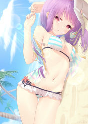 Rule 34 | 1girl, absurdres, animal ears, beach, bikini, breasts, extra ears, fang, highres, light purple hair, long hair, looking at viewer, lying, medium breasts, ocean, on side, outdoors, palm leaf, palm tree, palms, purple hair, rabbit ears, rabbit girl, raimeso235, red eyes, reisen udongein inaba, sand, see-through, solo, striped bikini, striped clothes, swimsuit, touhou, tree
