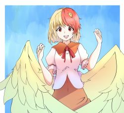 Rule 34 | 1girl, animal, animal on head, bird, bird on head, bird tail, bird wings, blonde hair, blue background, border, breasts, chick, commentary request, covered navel, dress, feathered wings, multicolored hair, niwatari kutaka, on head, open mouth, orange dress, puffy short sleeves, puffy sleeves, red eyes, red hair, shirt, short sleeves, simple background, small breasts, tail, teeth, touhou, two-tone hair, upper body, upper teeth only, white border, white shirt, wings, yagoro kusuriya, yellow wings