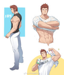 Rule 34 | 00047, 1boy, abs, alternate costume, ass, bara, biceps, black shirt, blue eyes, brown hair, collage, cropped torso, cross scar, facial hair, fate/grand order, fate (series), flexing, fou (fate), from side, full body, goatee, height, highres, male focus, mature male, midriff peek, milk, muscular, muscular male, napoleon bonaparte (fate), navel, pants, pectorals, scar, scar on chest, shirt, short hair, sideburns, sidepec, sleeveless, sleeveless shirt, sleeves rolled up, sparkle, stomach, tight clothes, tight shirt, undressing, wet, wet clothes, wet shirt, white pants, white shirt