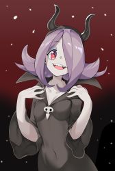 Rule 34 | 1girl, black background, black dress, breasts, commentary request, covered navel, dress, fake horns, flipped hair, gradient background, hair over one eye, hands up, highres, horned headwear, horns, little witch academia, long hair, open mouth, pale skin, popopo, purple hair, red eyes, sharp teeth, smile, solo, sucy manbavaran, teeth, wide sleeves