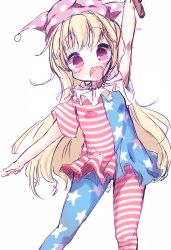 Rule 34 | 1girl, akisha, american flag dress, american flag legwear, arm up, bad id, bad twitter id, blonde hair, blush, clownpiece, cowboy shot, flag print, frilled shirt collar, frills, hand up, happy, hat, highres, jester cap, long hair, looking at viewer, neck ruff, no wings, outstretched arm, pantyhose, pink hat, polka dot, print pantyhose, print shirt, purple eyes, shirt, simple background, skirt, solo, star (symbol), star print, striped clothes, striped pantyhose, striped shirt, torch, touhou, very long hair, white background