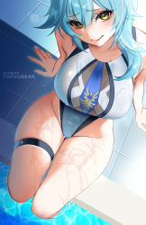 Rule 34 | 1girl, blue hair, blush, breasts, competition swimsuit, eula (genshin impact), genshin impact, highleg, highleg swimsuit, highres, large breasts, looking at viewer, medium hair, one-piece swimsuit, pool, poolside, purple eyes, sidelocks, sitting, skindentation, solo, swimsuit, thighs, tofuubear, wet, white one-piece swimsuit