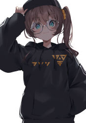 1girl :3 baseball_cap black_hat black_hoodie blue_eyes brown_hair erubusubori glasses hand_in_pocket hand_on_headwear hat highres hololive hood hoodie long_hair long_sleeves looking_at_viewer natsuiro_matsuri round_eyewear side_ponytail simple_background solo triforce_print virtual_youtuber white_background