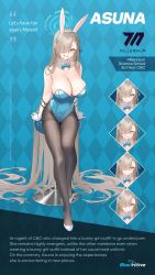 Rule 34 | 1girl, :t, absurdly long hair, absurdres, animal ears, asuna (blue archive), asuna (bunny) (blue archive), black pantyhose, blue archive, blue leotard, blush, bow, bowtie, breasts, expressions, fake animal ears, gloves, grin, hair over one eye, halo, high heels, highres, large breasts, leotard, light brown hair, logo, long hair, mole, mole on breast, mx2j, official alternate costume, official art, pantyhose, playboy bunny, pout, promotional art, rabbit ears, simple background, smile, solo, stool, thighband pantyhose, traditional bowtie, very long hair, white footwear, white gloves