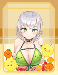 Rule 34 | &gt; &lt;, 1girl, bikini, bow, bow bikini, braid, breasts, breasts squeezed together, cherry, choker, closed mouth, collarbone, eguchi kanade, food, fruit, green bikini, green eyes, highres, hololive, huge breasts, looking at viewer, mole, mole on breast, orange (fruit), plaid, plaid background, shirogane noel, short hair, solo, straight-on, strawberry, suika game, sweat, swimsuit, upper body, virtual youtuber, white hair, yellow background