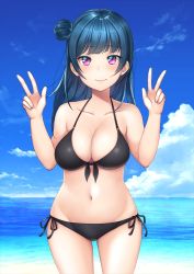 Rule 34 | 10s, 1girl, arios (orochi yuta), bikini, black bikini, blue hair, blush, breasts, cowboy shot, day, double v, front-tie bikini top, front-tie top, hair bun, halterneck, long hair, looking at viewer, love live!, love live! sunshine!!, medium breasts, navel, ocean, outdoors, purple eyes, side-tie bikini bottom, side bun, single hair bun, single side bun, sky, smile, solo, swimsuit, tsushima yoshiko, v