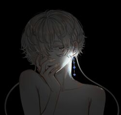 Rule 34 | 1other, absurdres, androgynous, black background, collarbone, colored eyelashes, colored skin, dark, earrings, gem, ghost quartz (houseki no kuni), glowing, glowing crystal, glowing earrings, grey eyes, grey hair, hair over one eye, half-closed eyes, hand on own face, highres, houseki no kuni, iciriini, jewelry, lapis lazuli (gemstone), looking to the side, other focus, parted lips, short hair with long locks, simple background, single earring, solo, topless, upper body, wavy hair, white skin