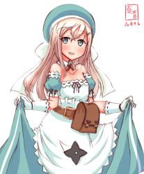 Rule 34 | 10s, 1girl, :d, apron, aqua hat, bag, bare shoulders, beret, blonde hair, blue dress, blue eyes, blue hat, clothes lift, commentary request, cosplay, cowboy shot, crossover, dated, detached collar, dress, dress lift, gloves, hat, highres, kanon (kurogane knights), kantai collection, kayano ai, lifting own clothes, logo, long hair, look-alike, looking at viewer, open mouth, revision, ribbon-trimmed clothes, ribbon-trimmed gloves, ribbon trim, senran kagura, simple background, smile, solo, trait connection, u-511 (kancolle), voice actor connection, white apron, white background, white gloves, yomi (senran kagura)