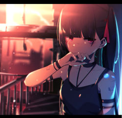 Rule 34 | 1girl, arm strap, backlighting, bare shoulders, black hair, black shirt, blurry, blurry background, bruise, bruised eye, choker, commentary request, covering own mouth, depth of field, hair ribbon, hand up, ichiki 1, injury, letterboxed, long hair, looking at viewer, original, railing, red eyes, red ribbon, ribbon, shade, shirt, sleeveless, sleeveless shirt, solo, sunlight, twintails, upper body, v-shaped eyebrows, wristband