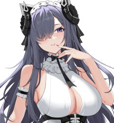 Rule 34 | 1girl, august von parseval (azur lane), august von parseval (the conquered unhulde) (azur lane), azur lane, bare shoulders, blush, breasts, clothing cutout, curled horns, dress, frills, hair over one eye, highres, horns, large breasts, long hair, looking at viewer, maid headdress, mechanical horns, nail polish, official alternate costume, parted lips, purple eyes, purple hair, red nails, sleeveless, solo, upper body, very long hair, white background, white dress, zest (watts99)