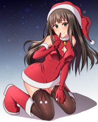 Rule 34 | 10s, 1girl, absurdres, bare shoulders, bell, blush, boots, bow, breasts, brown hair, christmas, cleavage cutout, clothing cutout, commentary request, dress, elbow gloves, finger to mouth, garter straps, gloves, gradient background, green eyes, hand on own thigh, hat, highres, hip focus, idolmaster, idolmaster cinderella girls, keffiy, kneeling, long hair, looking at viewer, red dress, red footwear, red gloves, santa costume, santa hat, shibuya rin, small breasts, snowflakes, solo, thighhighs, thighs